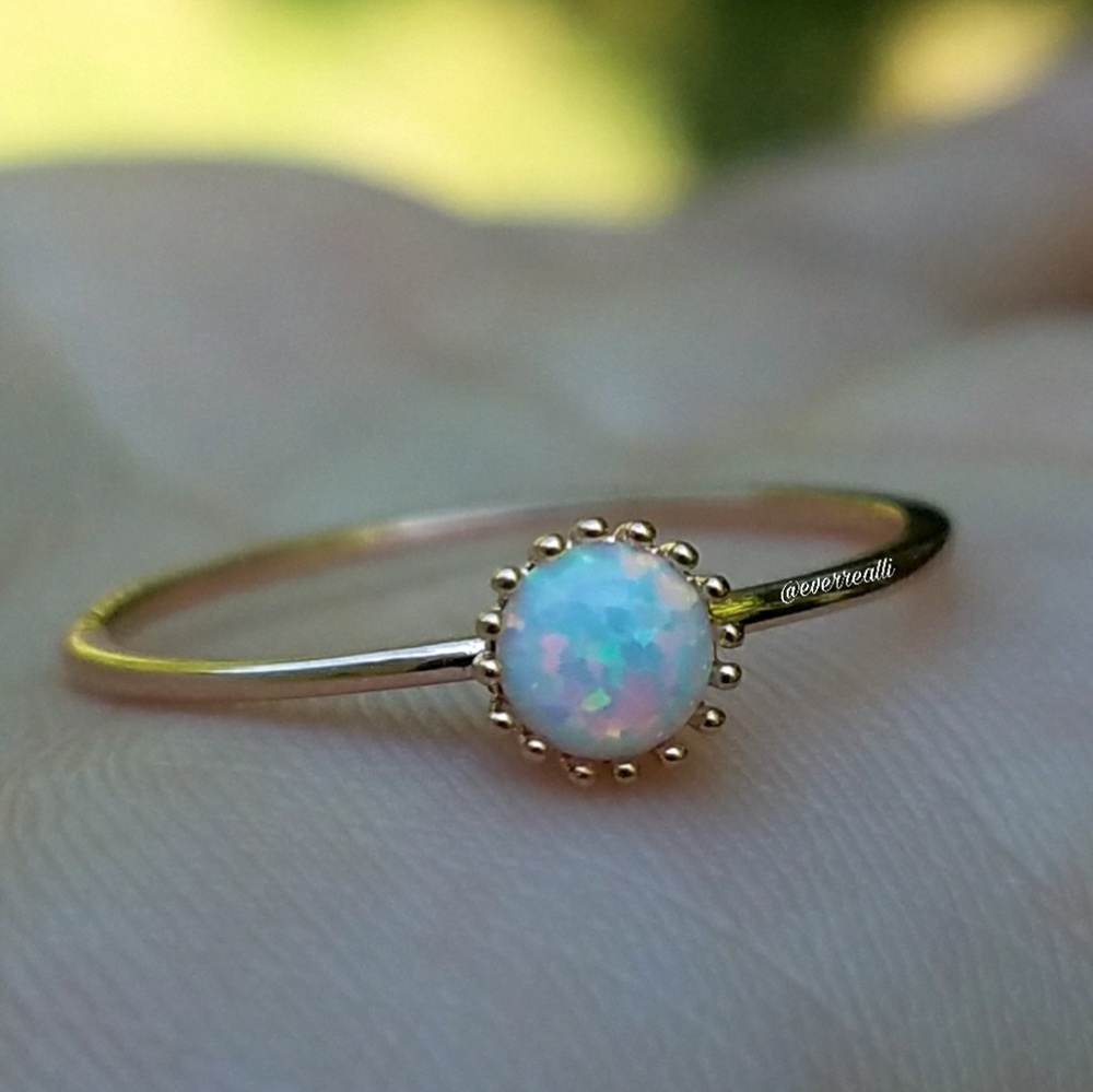 Delicate Rose Gold Band Tiny Round Fire Opal Ring - Picture 5 of 5
